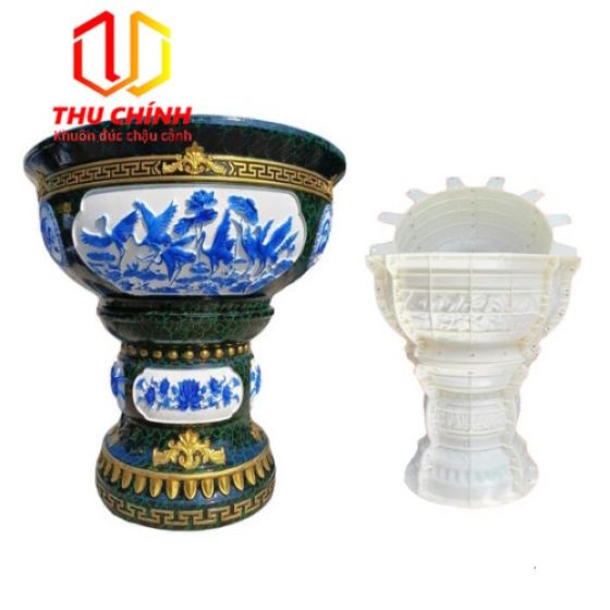 Khuôn chậu tròn 80 kèm chân đôn cao họa tiết Sen Hạc. Khuôn chậu cảnh nhựa abs cao cấp.